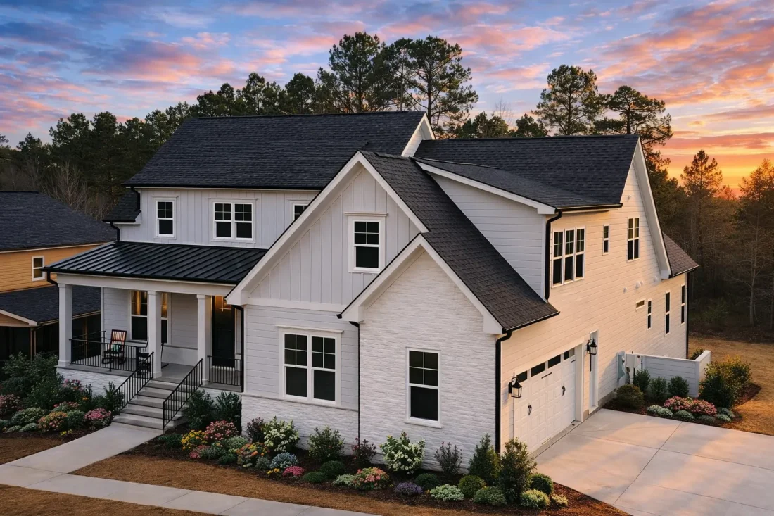 Front elevation of a modern farmhouse style home featuring white board and batten siding, brick accents, metal porch roof, and a welcoming covered front porch