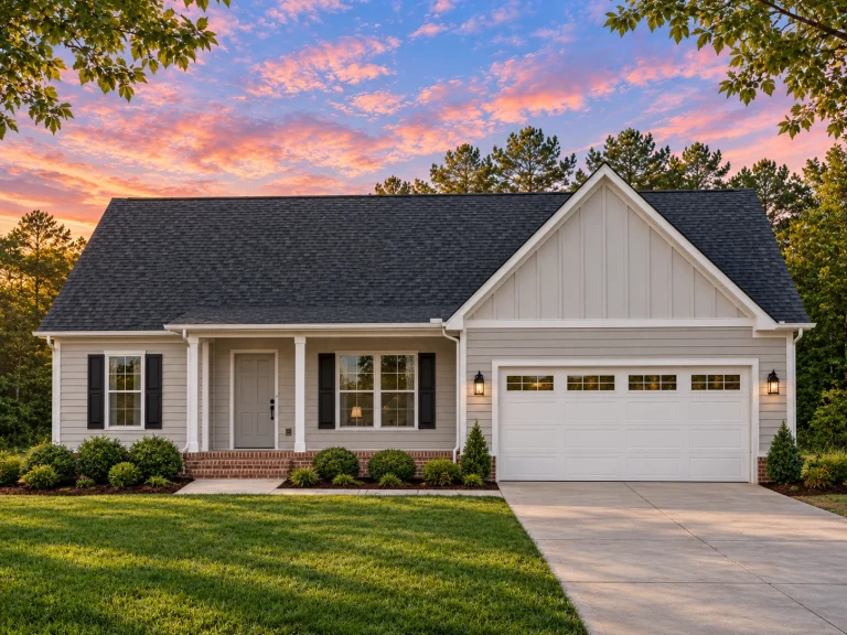 Front view of a Traditional Ranch style house featuring horizontal lap siding, board and batten gable accents, and a welcoming covered porch with attached two-car garage