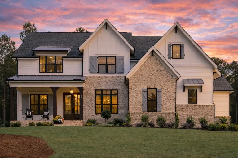 Front exterior view of a New American Modern Traditional home featuring painted brick, board and batten siding, steep gables, and a covered front porch