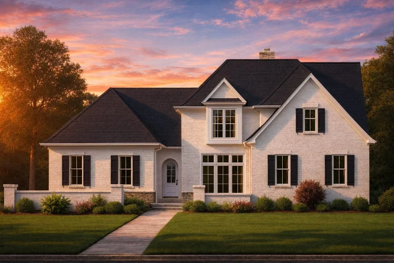 Georgian House Plans 9 Front elevation of a Traditional Colonial style home with painted brick exterior, black shutters, and balanced two-story design