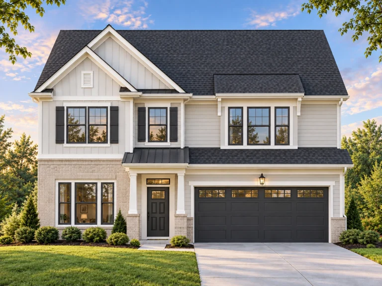 Courtyard House Plans 13 Front exterior of a New American style two-story house featuring brick and horizontal siding, black shutters, gabled rooflines, and an attached two-car garage