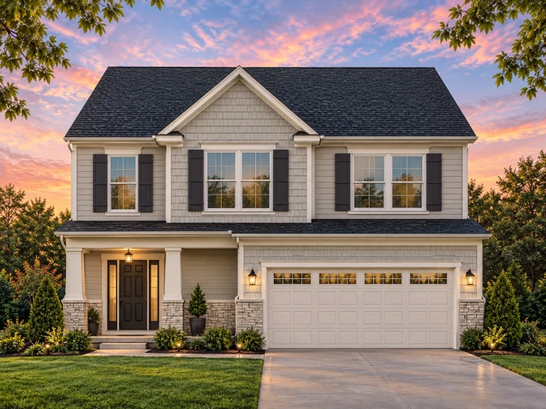 Front elevation of a Traditional Colonial style two-story home with a mix of siding, board and batten, and stone exterior, featuring a gable roof and front-entry garage