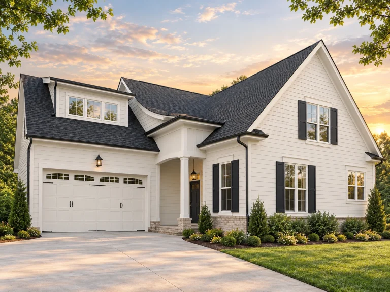 Front exterior of a New American modern traditional home with horizontal siding, brick accents, gabled rooflines, and attached garage