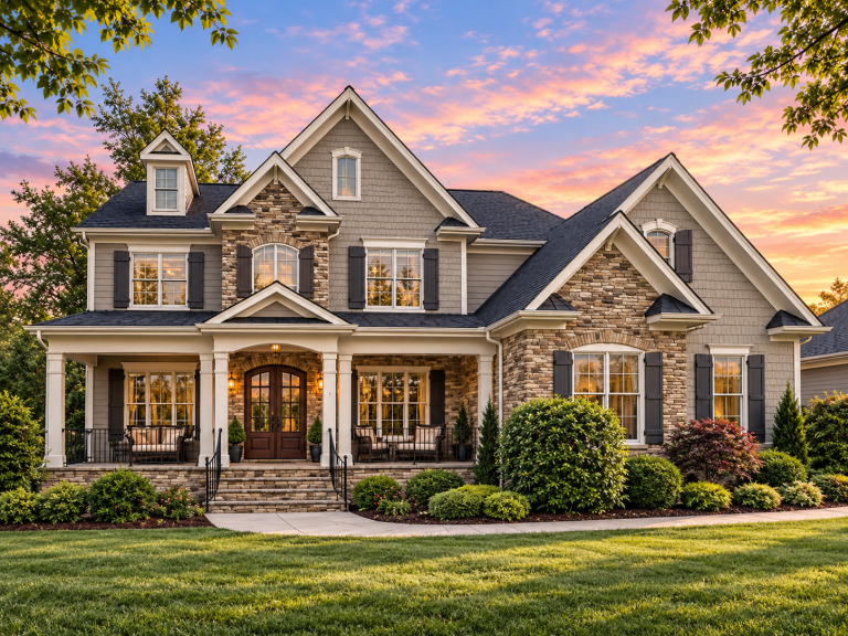 Southwestern House Plans 5 Front exterior of a Traditional Colonial New American style home featuring stone veneer, horizontal lap siding, symmetrical windows, and a covered front porch