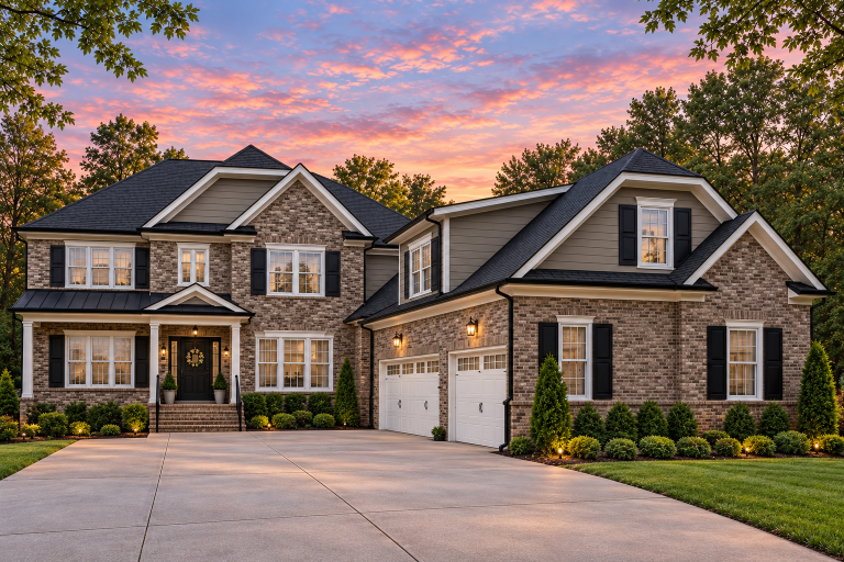 House Plans with Outdoor Kitchen 19 Front view of a Traditional Colonial Revival style home featuring a brick and stone exterior, gabled rooflines, and a three-car garage under a warm evening sky