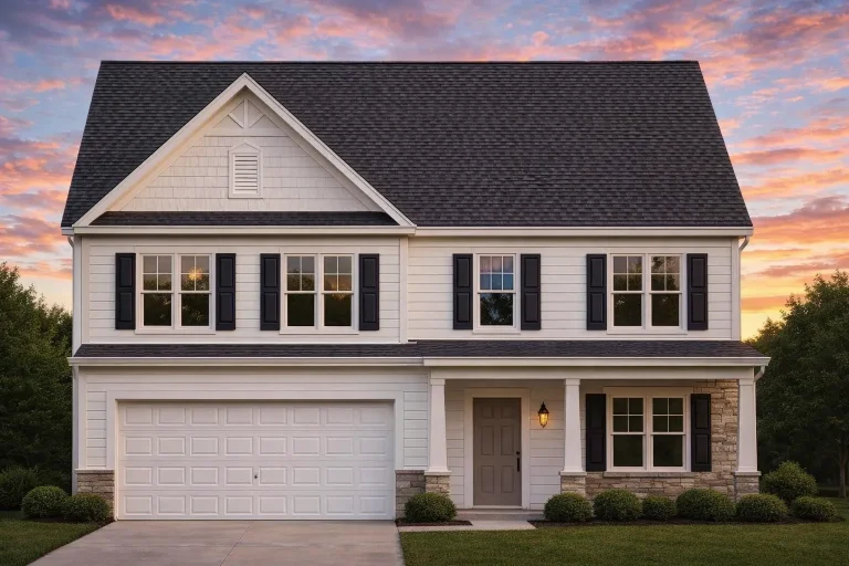 Front elevation of a Traditional Colonial style home with horizontal siding, stone accents, black shutters, and an attached two-car garage
