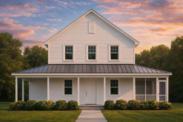 Front view of a two-story Modern Farmhouse home with board and batten siding, black shutters, metal roof, and stone accents around the garage entry