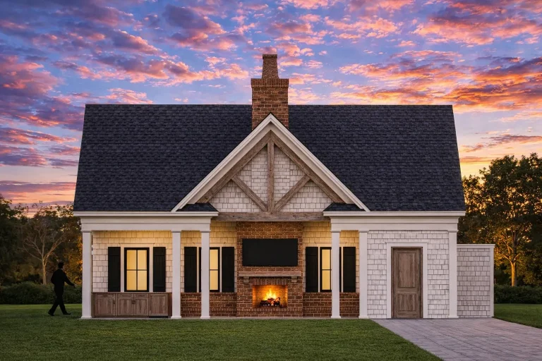 Front view of an American Cottage home featuring board-and-batten siding, stone fireplace, and craftsman timber porch accents