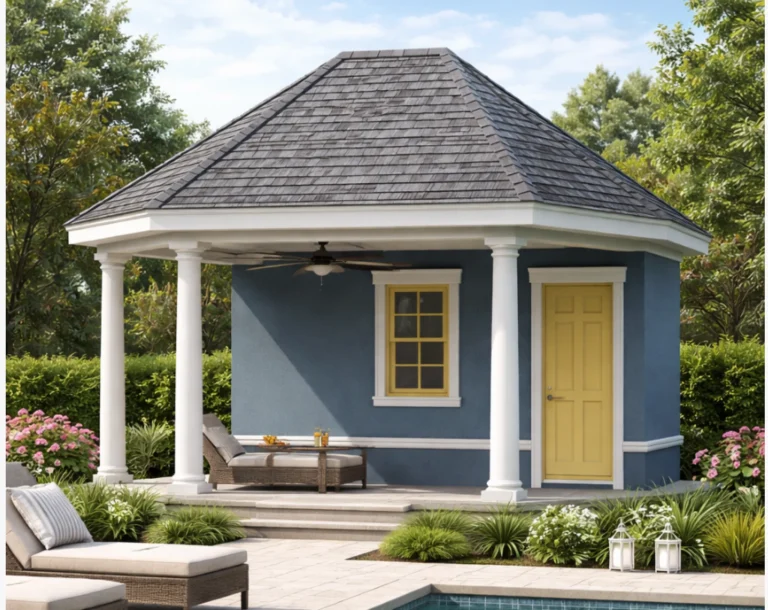 Neoclassical small pavilion with classical columns, symmetrical roofline, and smooth siding exterior in landscaped setting