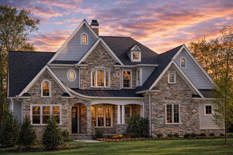 Front elevation of a Traditional Colonial style home with brick exterior, stone detailing, steep gabled rooflines, and symmetrical windows