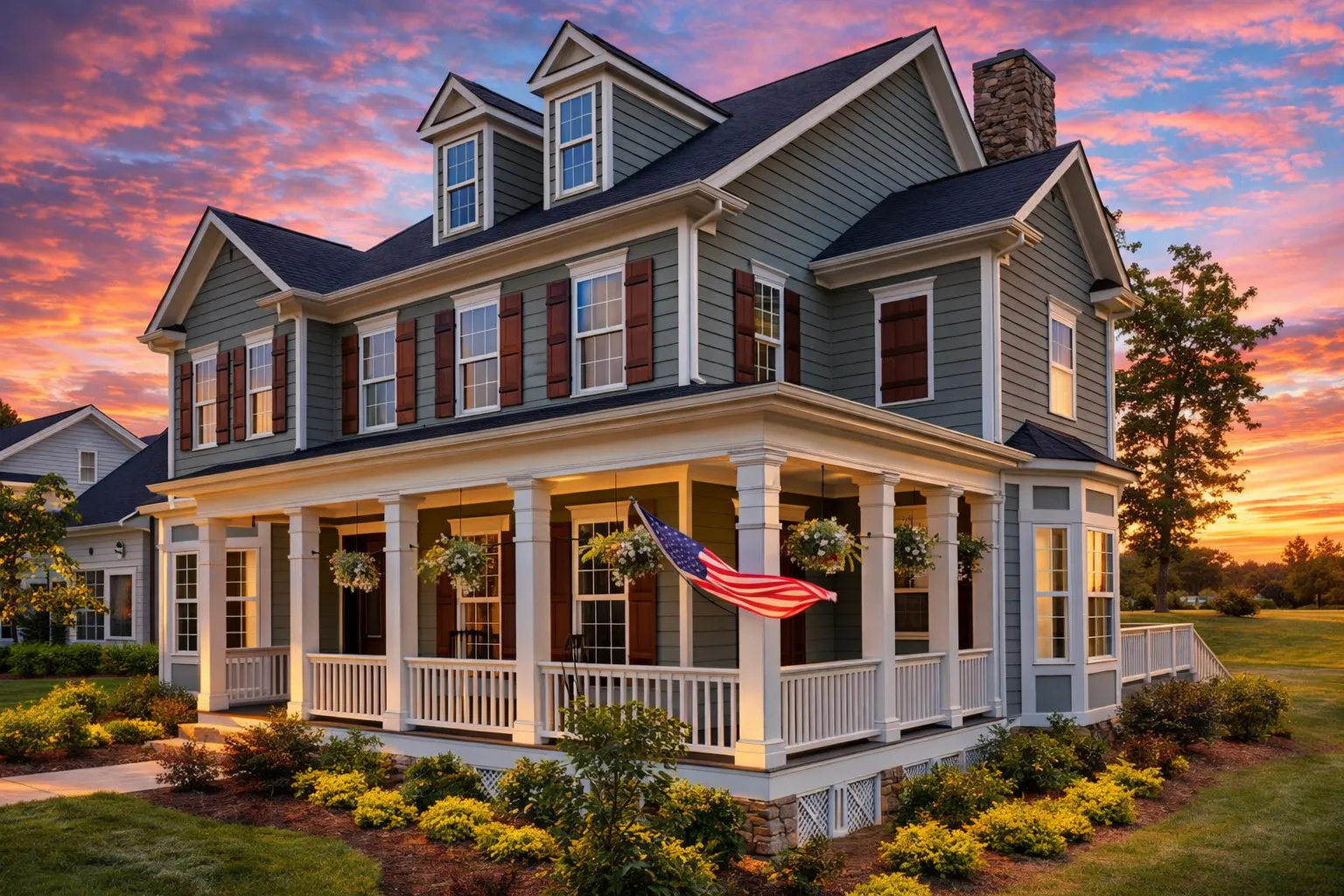 Front elevation of a Colonial Revival style home with white clapboard siding, dark shutters, dormer windows, and a covered front porch