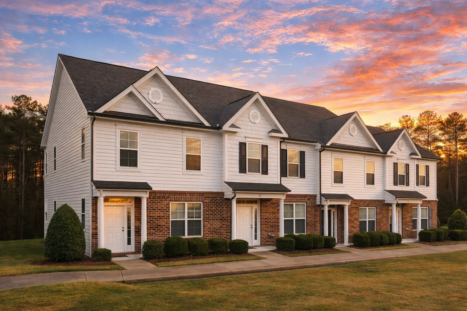 Front elevation of a Colonial Revival style home featuring light siding, black shutters, and a stone-accented foundation beneath a steep gable roof.