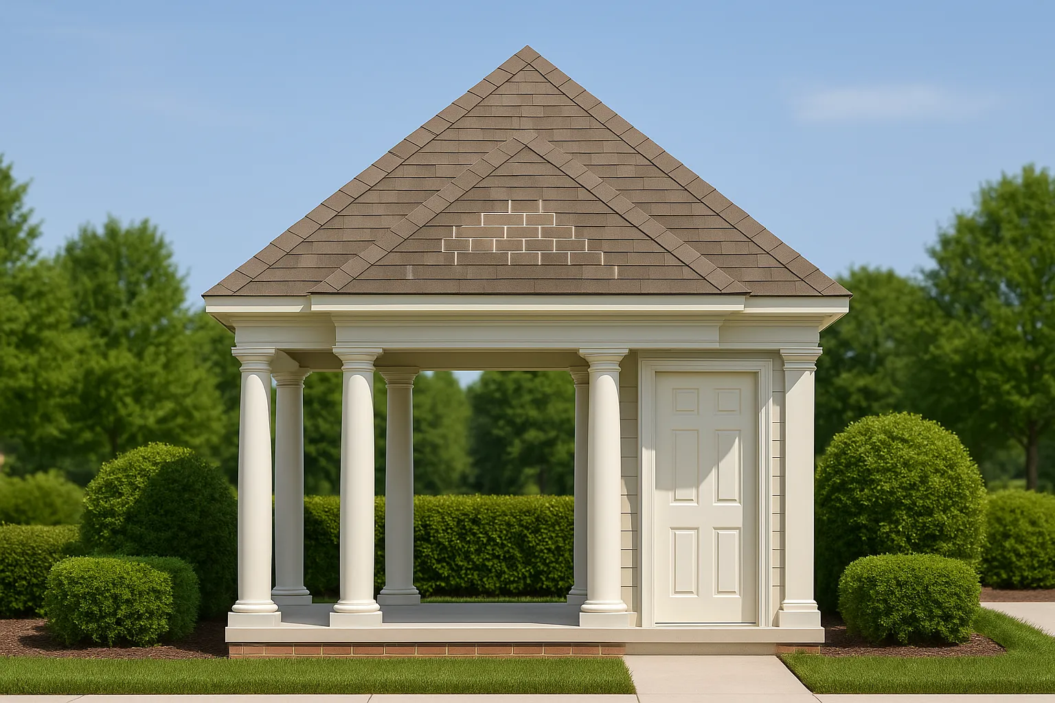 Neoclassical small pavilion with classical columns, symmetrical roofline, and smooth siding exterior in landscaped setting