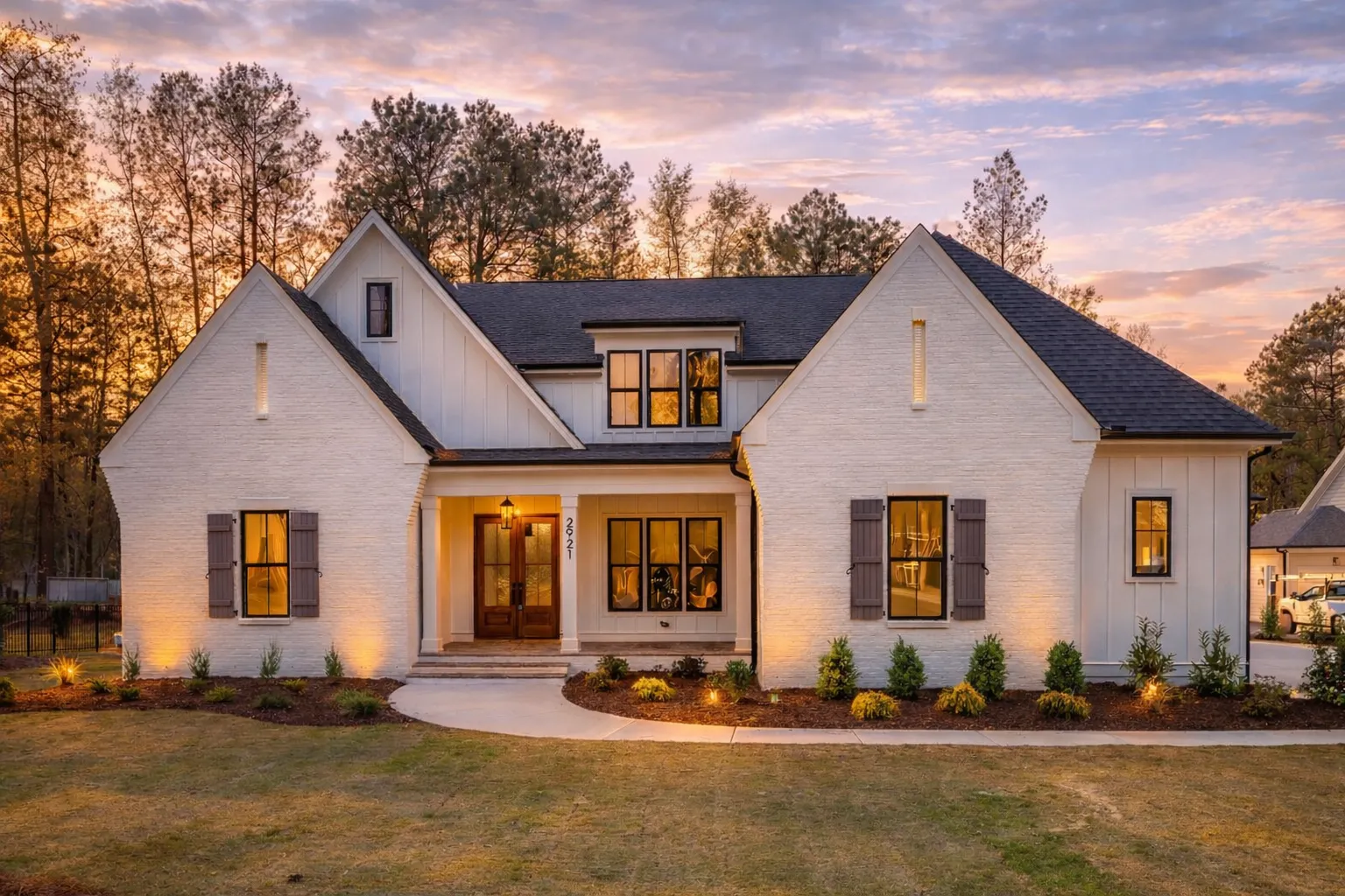 Southwestern House Plans 1 Front elevation of a Modern Farmhouse style home featuring white painted brick exterior, steep gable rooflines, black shutters, and welcoming covered entry