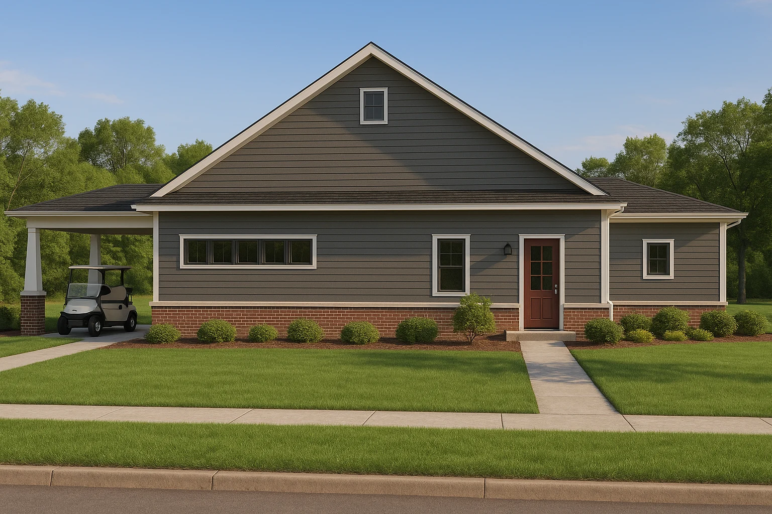 Front elevation of a Traditional Farmhouse with stone base, board and batten siding, gable dormers, and symmetrical windows