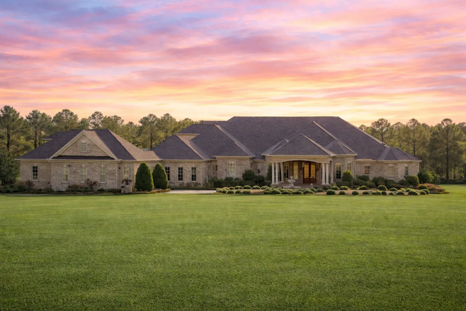 Front elevation of a New American Modern Traditional Ranch home with horizontal siding, symmetrical windows, and covered entry