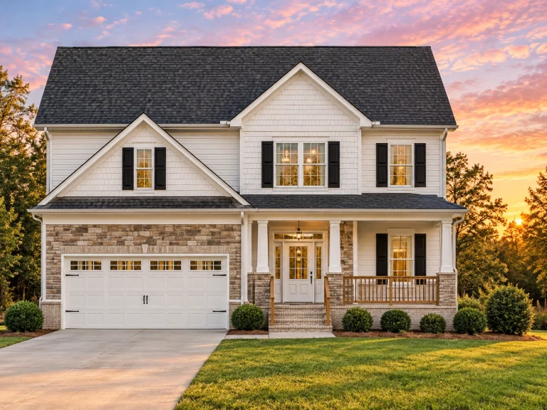 Front view of a Traditional Suburban Colonial Revival style house featuring horizontal siding, dark shutters, and a double garage