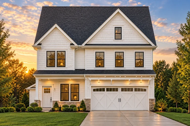 Front elevation of a Modern Farmhouse style two-story home featuring horizontal siding, board and batten detailing, and brick accents with double garage and gable rooflines
