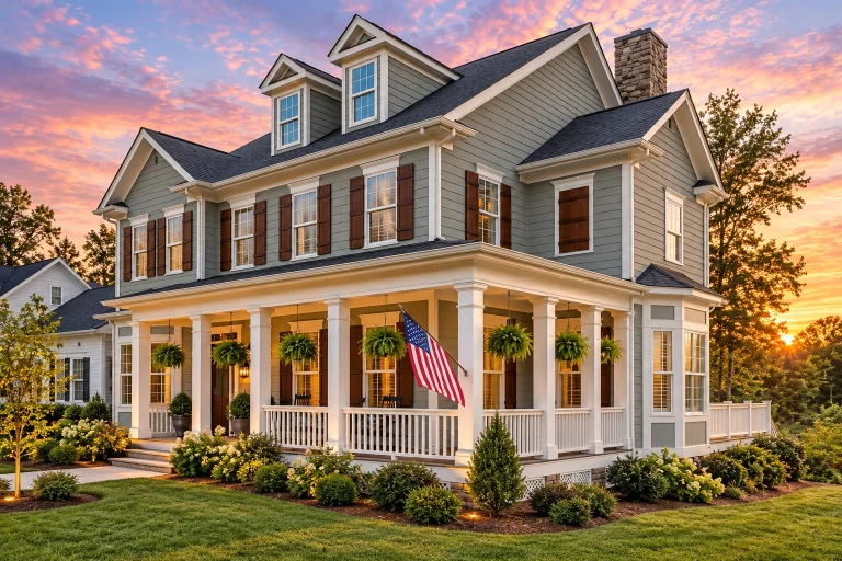 Front elevation of a Colonial Revival style home with white clapboard siding, dark shutters, dormer windows, and a covered front porch