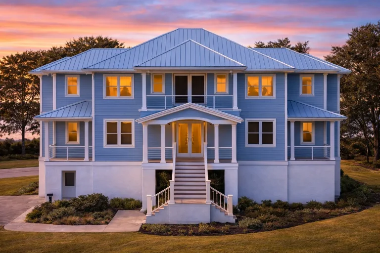 Front elevation of a Coastal Colonial Shingle Style home with white siding, symmetrical windows, and classic covered entry