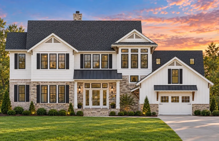 Front elevation of a New American Modern Farmhouse with board and batten siding, black windows, metal porch roof, and attached garage
