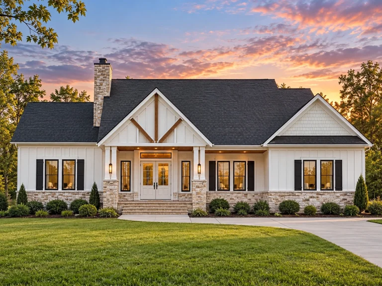 Front elevation of a modern farmhouse ranch home with board and batten siding, stone accents, and a covered porch