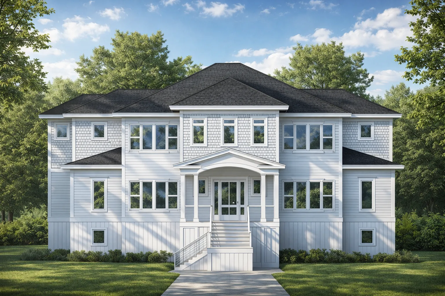 Front elevation of a Coastal Colonial Shingle Style home with white siding, symmetrical windows, and classic covered entry