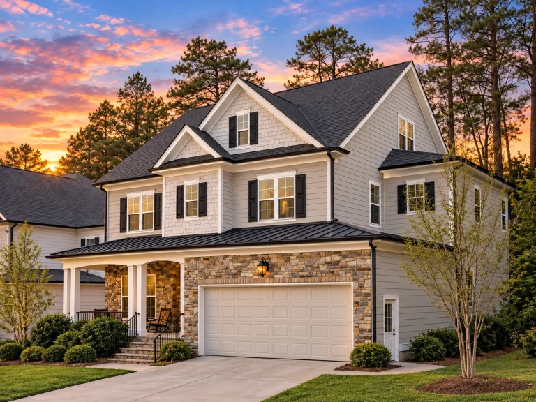 Mid-Size House Plans 10 Front elevation of a New American style traditional home featuring horizontal siding, stone accents, black shutters, and a welcoming covered porch
