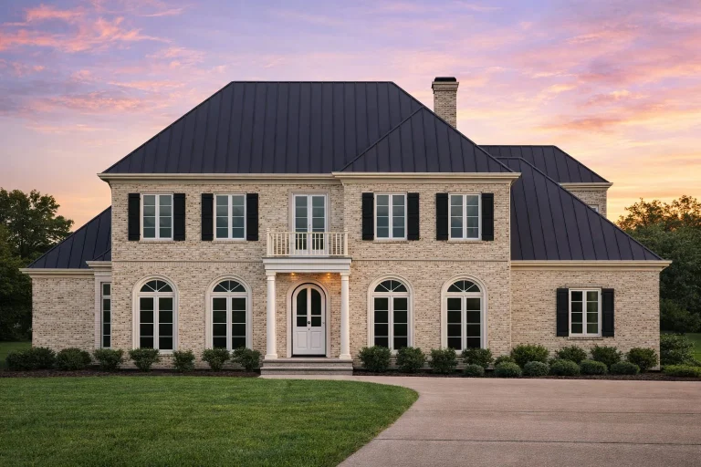 Front elevation of a Georgian Colonial style home featuring a symmetrical brick exterior, arched windows, central entry, and standing seam metal roof