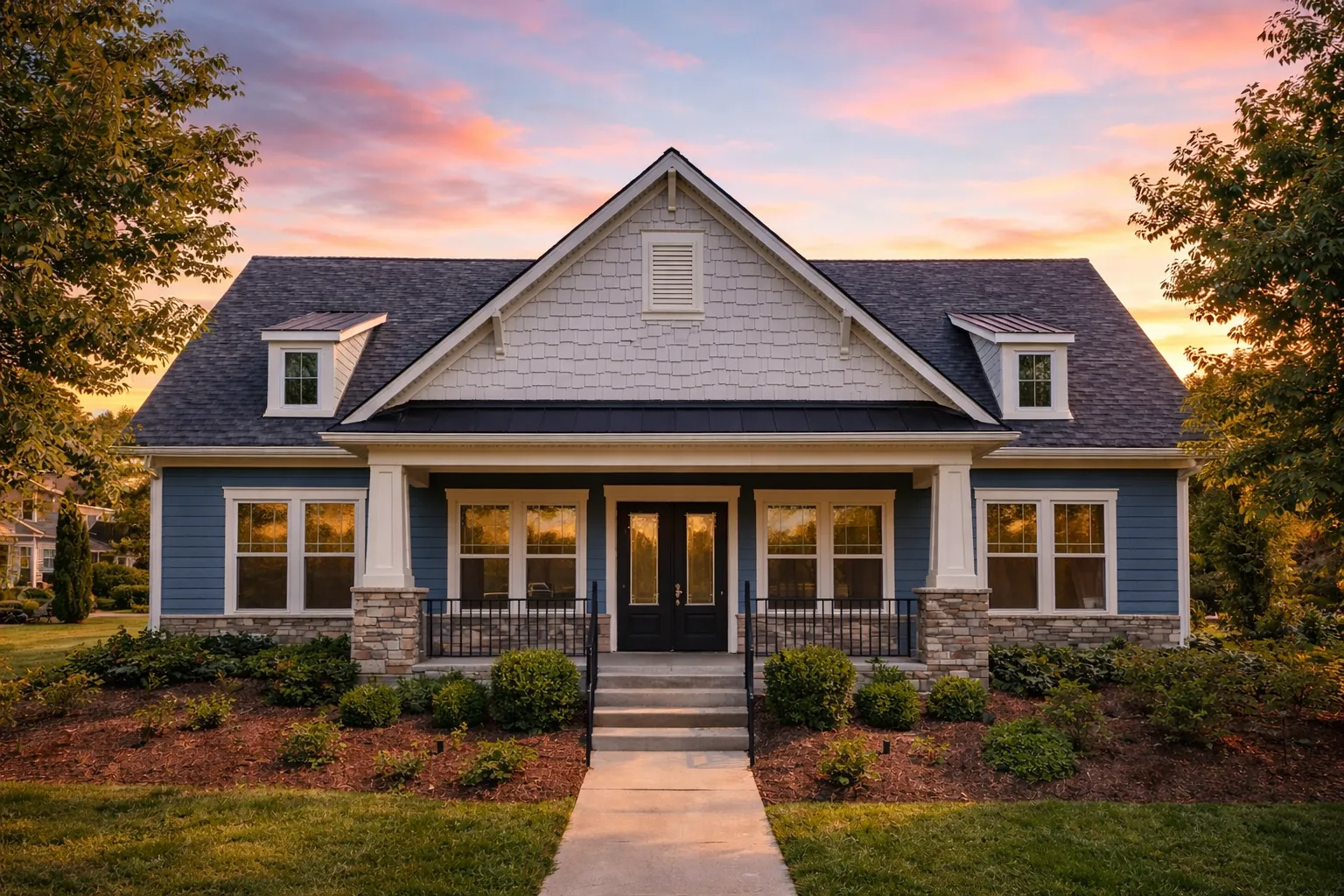 Front elevation of a Traditional Farmhouse with stone base, board and batten siding, gable dormers, and symmetrical windows