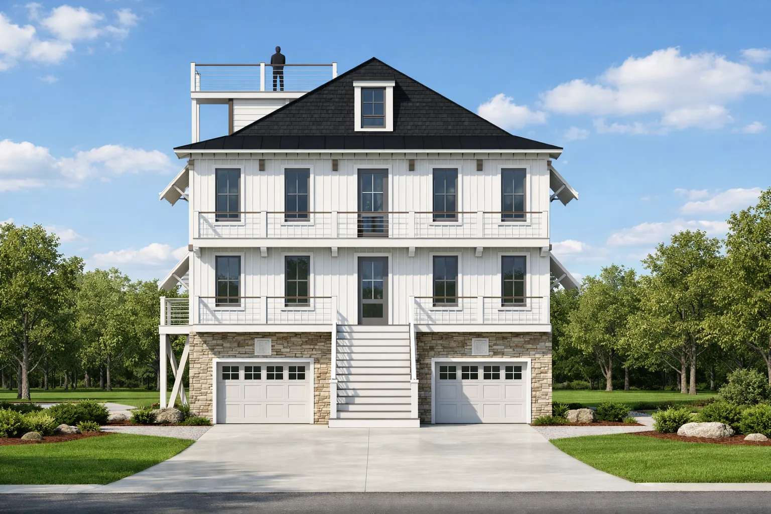 Charleston-style coastal home with elegant double porches, raised foundation, and traditional southern architectural details
