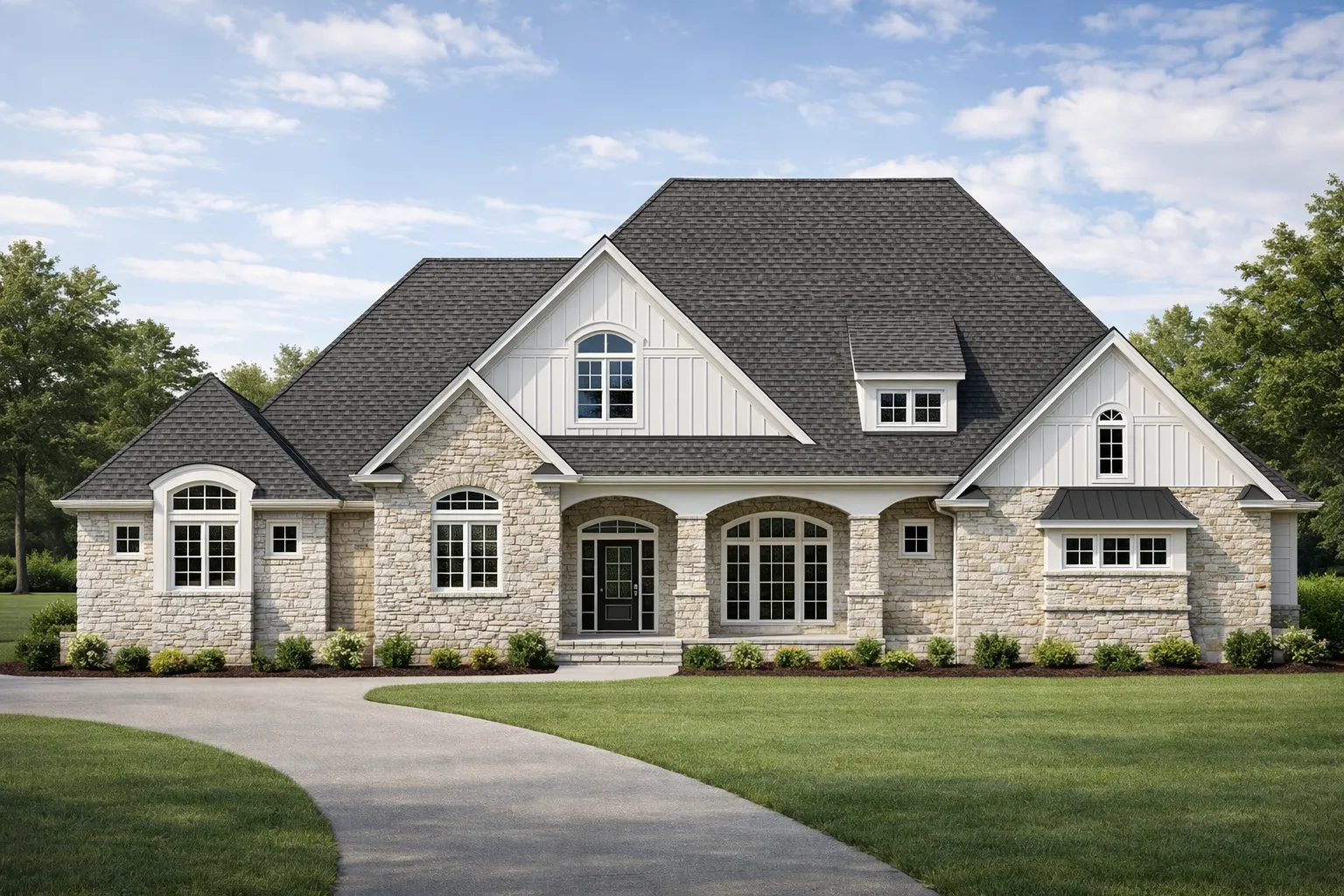 Front elevation of a New American Transitional farmhouse style home featuring stone veneer, board and batten siding, gabled rooflines, and a welcoming covered entry