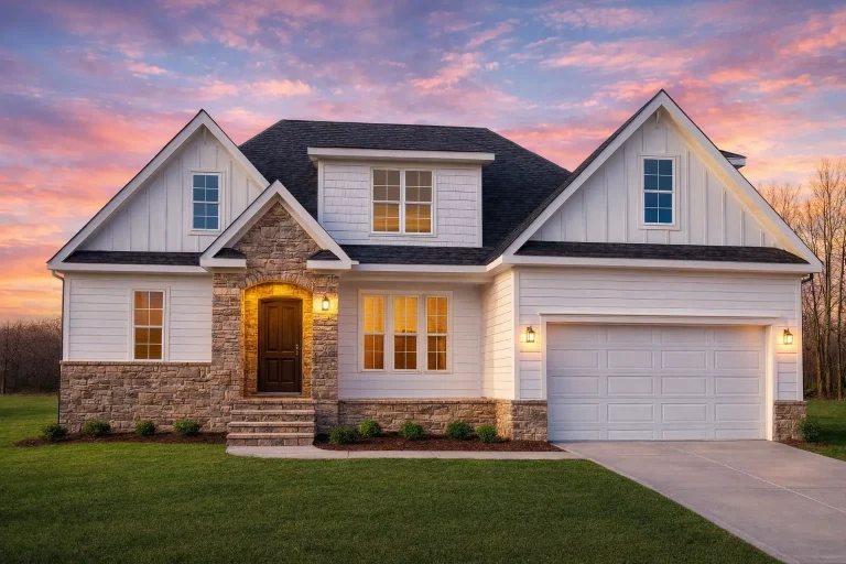 Front elevation of a New American style home featuring board and batten siding, stone exterior accents, gabled rooflines, and an attached two-car garage