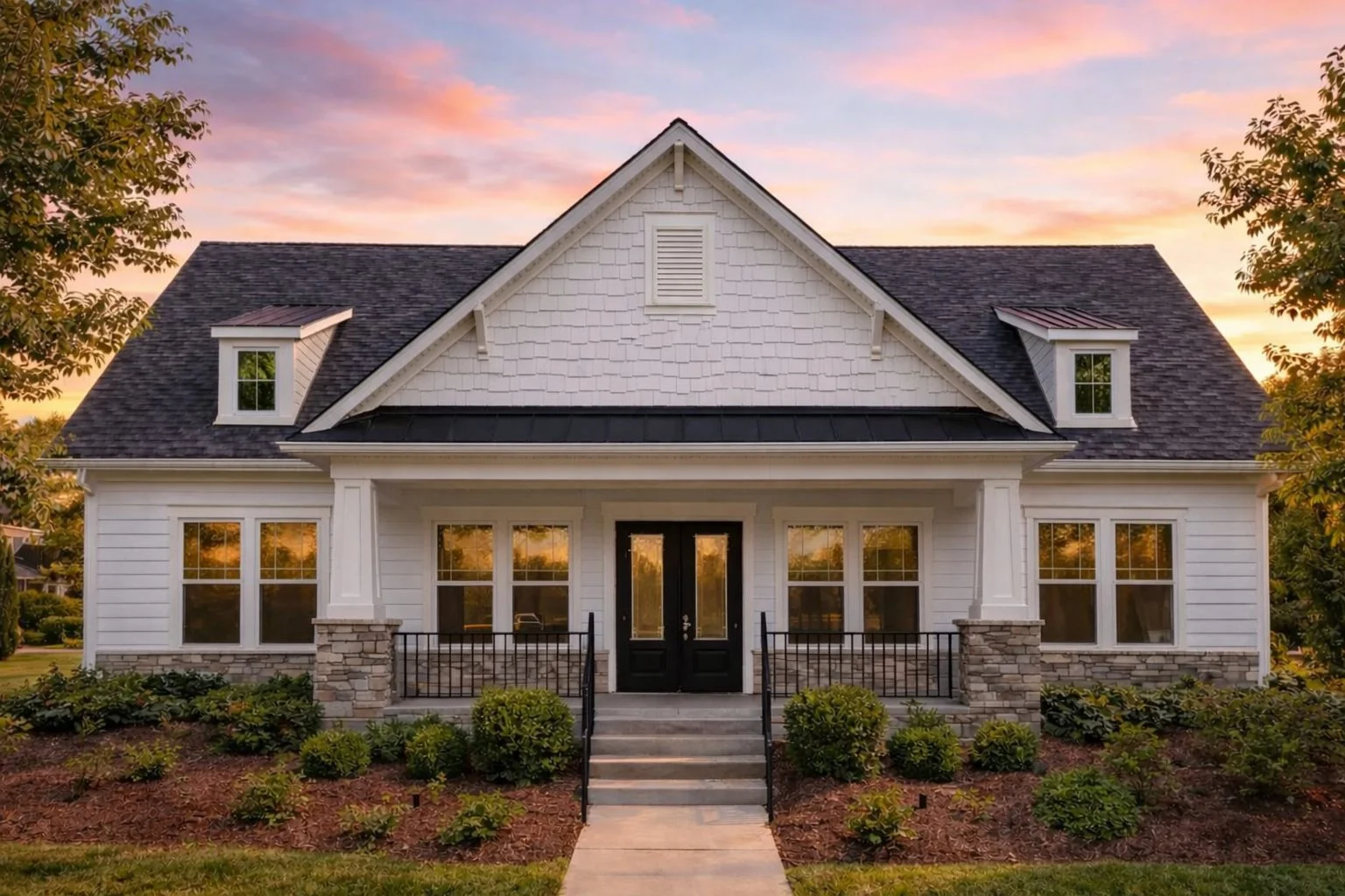 Front elevation of a Traditional Farmhouse with stone base, board and batten siding, gable dormers, and symmetrical windows