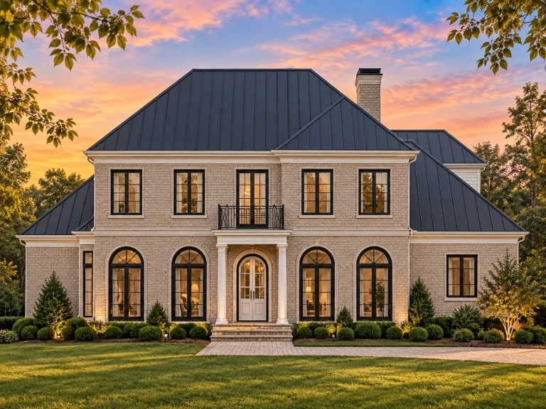 Coastal Farmhouse Plans 13 Front elevation of a Georgian Colonial style home featuring a symmetrical brick exterior, arched windows, central entry, and standing seam metal roof