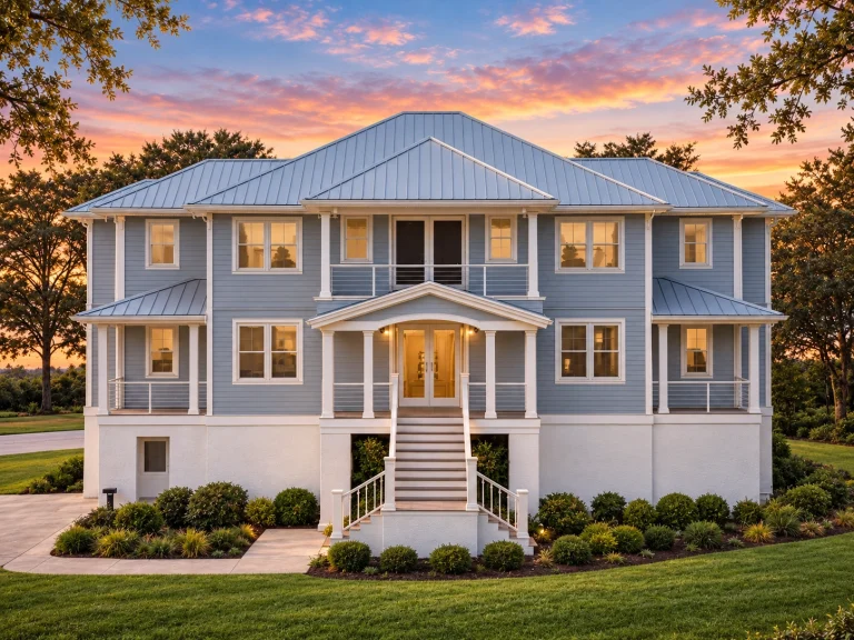 Front elevation of a Coastal Colonial Shingle Style home with white siding, symmetrical windows, and classic covered entry