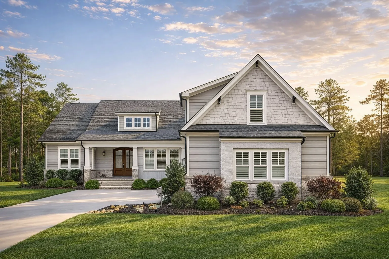 Front exterior of a New American Modern Farmhouse style home featuring horizontal siding, board and batten accents, gabled rooflines, and a welcoming covered entry