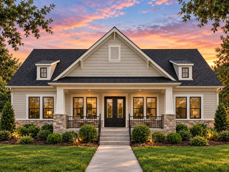 Front elevation of a Traditional Farmhouse with stone base, board and batten siding, gable dormers, and symmetrical windows