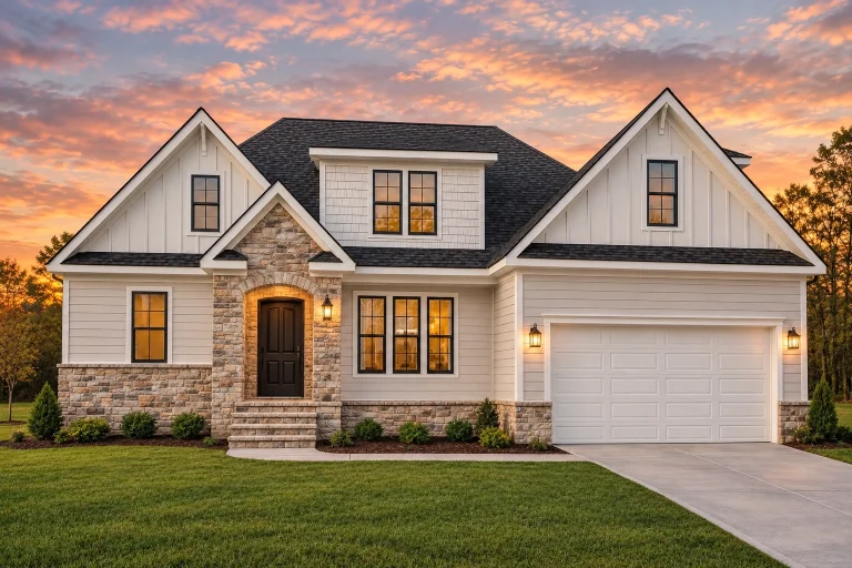 Front elevation of a New American style home featuring board and batten siding, stone exterior accents, gabled rooflines, and an attached two-car garage