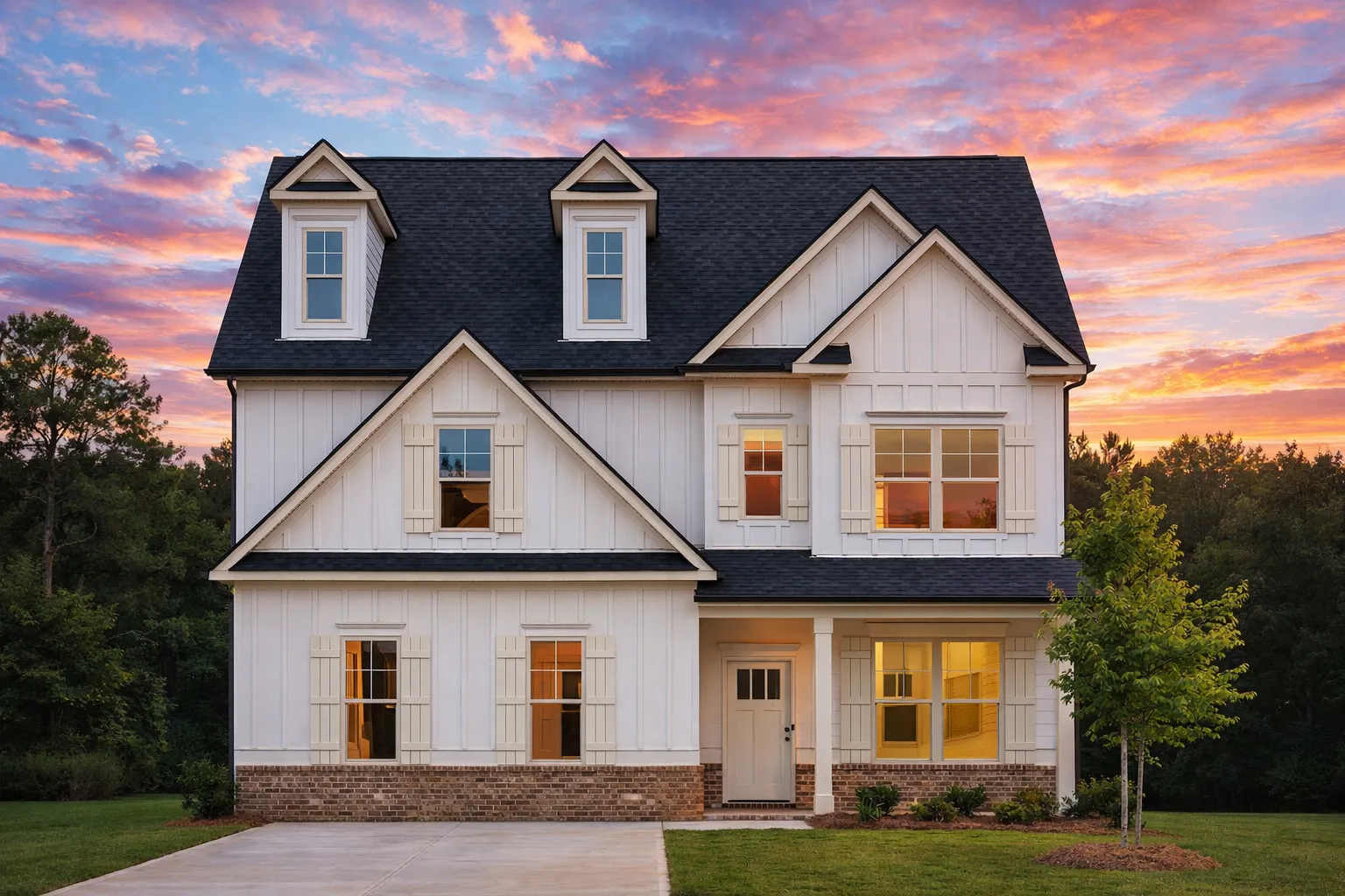 Front elevation of a New American style two-story house with symmetrical Colonial influence, lap siding exterior, gabled rooflines, and centered entry