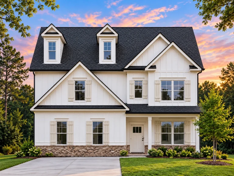 Front elevation of a New American style two-story house with symmetrical Colonial influence, lap siding exterior, gabled rooflines, and centered entry