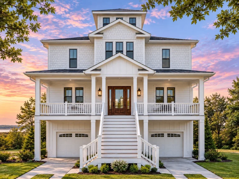 Modern Suburban House Plans 25 Front elevation of an elevated Coastal Low Country style home with lap siding, covered porches, central stair entry, and raised garage level