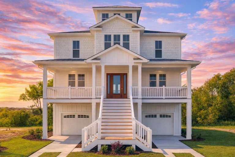 House Plans with Spacious Laundry Room 24 Front elevation of an elevated Coastal Low Country style home with lap siding, covered porches, central stair entry, and raised garage level