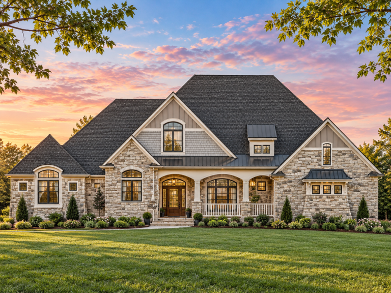 Front exterior of French Country style home with stone veneer, steep hip roof, arched entry, and board and batten gables