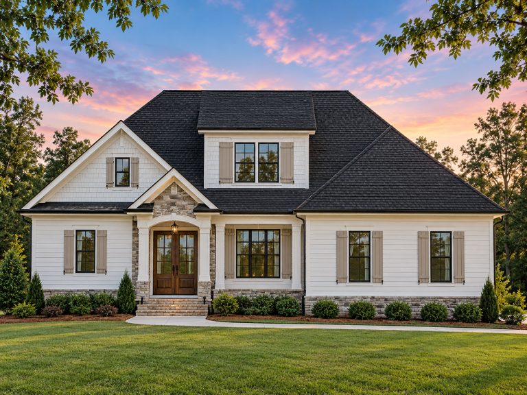 Front elevation of Traditional Classic Suburban home with horizontal lap siding, stone entry surround, gabled rooflines, and symmetrical windows