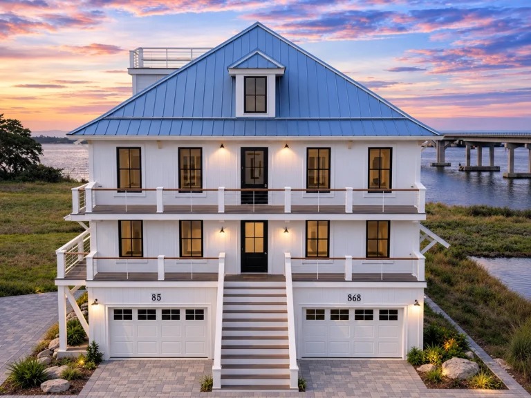 Charleston-style coastal home with elegant double porches, raised foundation, and traditional southern architectural details