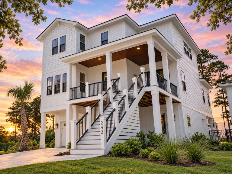 Front elevation of a Coastal Low Country style home with raised foundation, horizontal siding, shingle accents, double garage, and covered porch