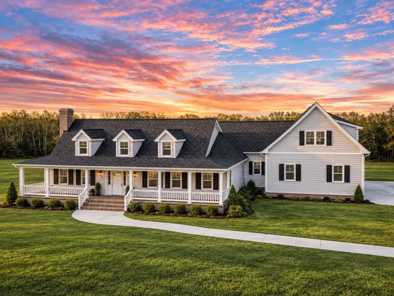 Front elevation of a Colonial Farmhouse style home with white lap siding, brick foundation, symmetrical windows, dormer accents, and a covered front porch