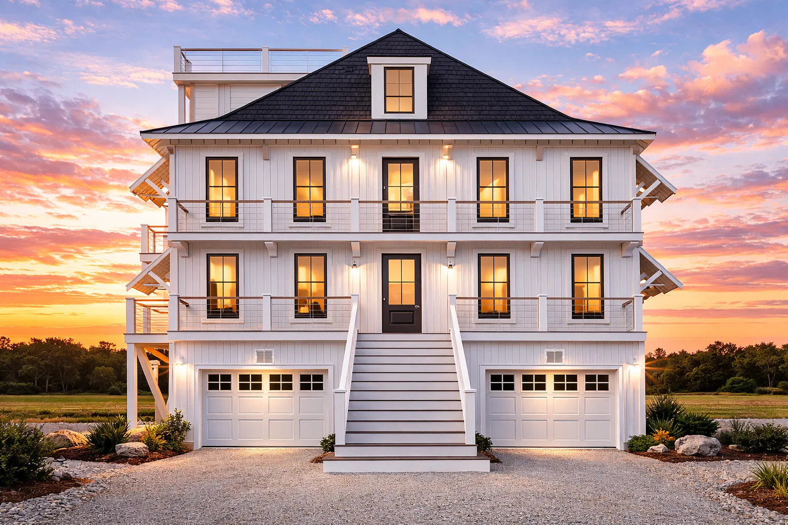 Charleston-style coastal home with elegant double porches, raised foundation, and traditional southern architectural details