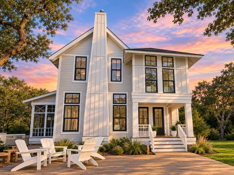 Front elevation of a Modern Farmhouse New American style home with horizontal lap siding, tall stone chimney, covered porch, and symmetrical two-story design